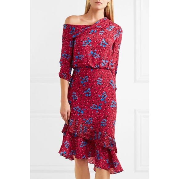 SALONI Lexie Red Floral Asymmetrical Ruffle Pleat Cold Shoulder Silk Dress US 0 - Picture 2 of 10